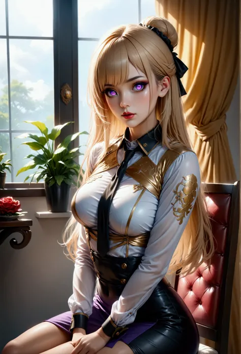 (masterpiece, aesthetic, detailed eyes, realistic), 1girl, mahiru shiina, angel next door spoils me rotten, Long smooth straight golden hair, gradient eyes (golden→purple), large bust, large hips, slim waist, sitting in chair in uniform, super detail, best...