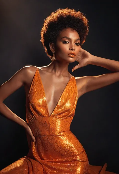 The calmly posed model, wearing a shiny orange dress with a plunging neckline and textured fabric, sits with her arms raised and her head tilted. Her intense gaze is framed by a close-up selfie angle. Her oily skin is glistening with liquid shades, and her...