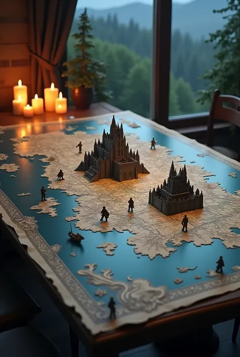 A big,   stylized map of Westeros ， scattered across a dimly lit room on a wooden table illuminated by candles.  Mountains , A winding river, forest,  and imprints of noble houses   (Stark , Lannister ,  Targaryen )  stands out,  Wait for details， miniatur...