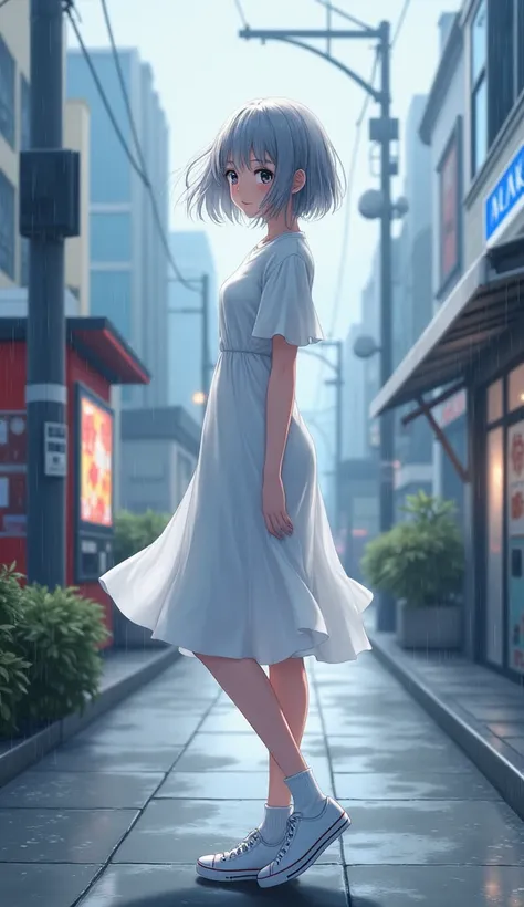 masterpiece,  top quality,  high definition ,  very detailed ,((( pretty girl with gray hair who has decided to pose))), ((( Japanese anime ))), ((( short hair))), ((( White Dress ))), (((White socks))), ((( white sneakers))), (((Rain Clouds))), (((In a mo...