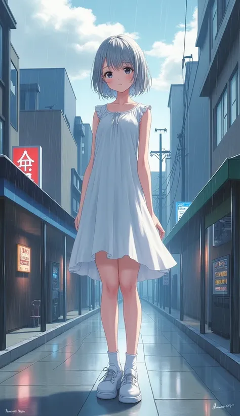 masterpiece,  top quality,  high definition ,  very detailed ,((( pretty girl with gray hair who has decided to pose))), ((( Japanese anime ))), ((( short hair))), ((( White Dress ))), (((White socks))), ((( white sneakers))), (((Rain Clouds))), (((In a mo...