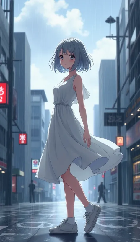 masterpiece,  top quality,  high definition ,  very detailed ,((( pretty girl with gray hair who has decided to pose))), ((( Japanese anime ))), ((( short hair))), ((( White Dress ))), (((White socks))), ((( white sneakers))), (((Rain Clouds))), (((In a mo...