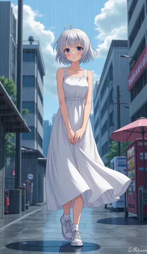 masterpiece,  top quality,  high definition ,  very detailed ,((( pretty girl with gray hair who has decided to pose))), ((( Japanese anime ))), ((( short hair))), ((( White Dress ))), (((White socks))), ((( white sneakers))), (((Rain Clouds))), (((In a mo...