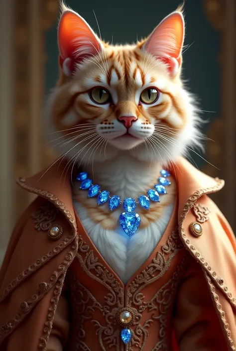 A cat wearing gown and blue diamond necklace