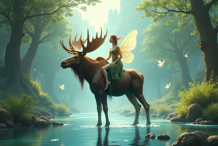 an elf riding a moose standing in the middle of a river, fairy world, beautiful scene