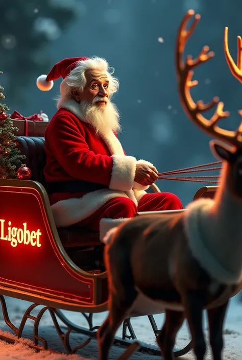 Railway sAlbert Einstein wearing a Santa Claus outfit, riding a sleigh with reindeer from a side view, illuminated by warm cinematic lighting. The sleigh features a realistic Ligobet logo on its side. The entire scene, including the sleigh, logo, Einstein,...