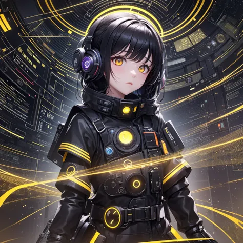 cover selected part onlyfrom future intelligence, technology background, complex mystery, unexpected variables, sudden result, strange things, transient waves, light fog, colorful signals, confident look, space black pioneer dress, yellow eyes, black hair