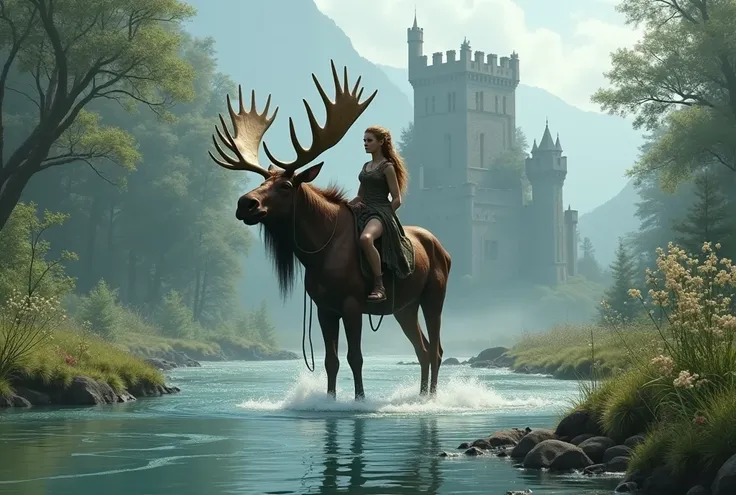 an elf riding a moose standing in the middle of a river next to an abandoned castle, fairy world, beautiful scene