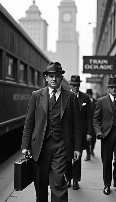  Arrival in Chicago  (1923)
 Al Capone getting off a train in Chicago ,  with briefcase in hand . Looks confident ,  surrounded by men in similar suits .  The landscape includes tall buildings and a sign indicating the train station.