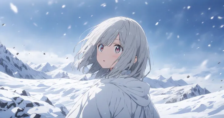  snowy mountains　 girl with gray hair bob　 hide one eye 　 skirt with open pupils 　 tattered white clothes　 scenery main 　anime