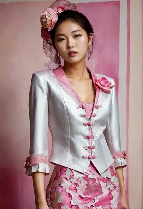  A Korean man is wearing a ladys skirt suit,  Beautiful Skirt Suit,  Hes a female man ,  He has big breasts like a woman ,  His face is very masculine ,  His hair is masculine short ,  pink and white, Frills and Lace , Lady Dress , Two-piece, Cropped Jacke...