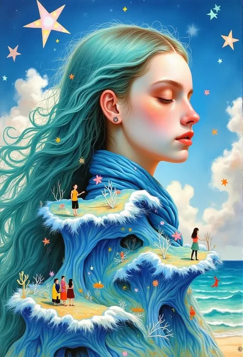          young beautiful woman close up just her head and neck       ,         closed eyes       ,            her hair is made in the form of sea waves       ,  hair in waves  ,       she has ocean waves in her arms   ,      её красивые руки в морских узор...