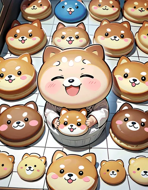 (masterpiece:1.2,  top quality, top quality, very detailedな:1.2),( very detailed),( Best Illustration ),8k,(Woman working at a bakery ),(Mister.々 Little Shiba Inu character bread with cute expressions are lined up in a square.,Bakery Shop,Transform, Very s...