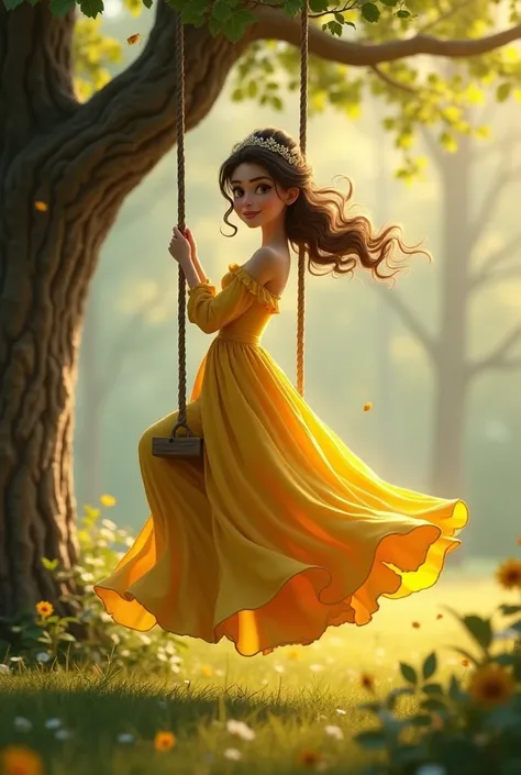 45 degree angle view Full body picture of a beautiful 25 year-old bride girl playing on a swing hanging in a lonely forest tree, wearing flowery long yellow colour swirly full sleeve frock, attractive feminine form, morning light, Disney Pixar