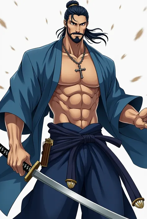 The katana man in this image. He is tall, muscular, and well-proportioned, wearing a blue kimono that is not fully covered on top, revealing his upper chest and a necklace with a cross pendant. He has long hair tied back loosely and has a beard that makes ...