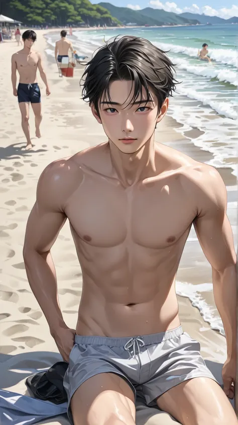 (photorealism:1.2), very Handsome japanese man, 22-27 year-old, beach, swimmer