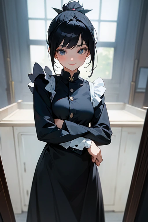 (  highest resolution,   clear  _image)  top quality, single,   one woman, Alone,   masterpiece  ,   very detailed,   semi-realistic  ,   black hairのショートヘア,   black hair, bangs, 18 years old,   mature, light blue uniform, uniform, indoor background, kind, ...