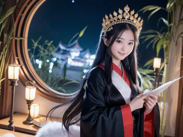 Princess Kaguya, Night Sky, moon, bamboo, fan, Orb, Crown , Feather coat,  very long hair,  turn your gaze ,  smiles,  won numerous awards, 