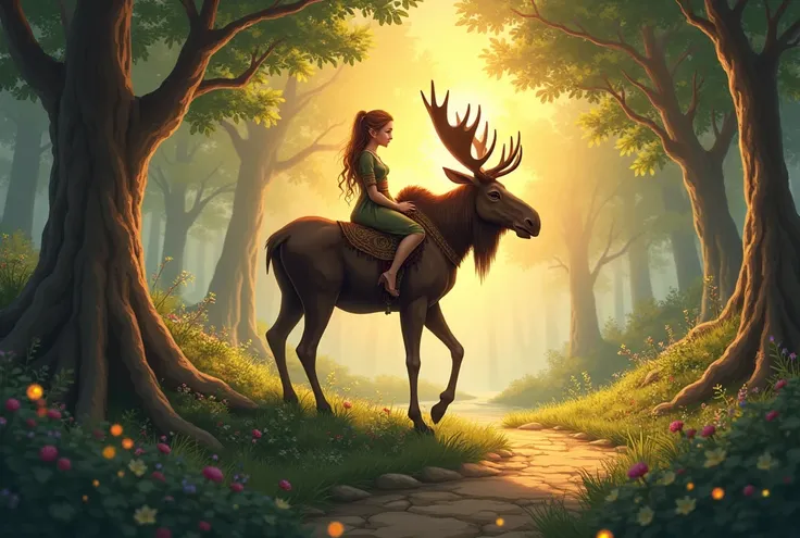 an elf riding a moose on a fairy way under the sunset, beautiful scene