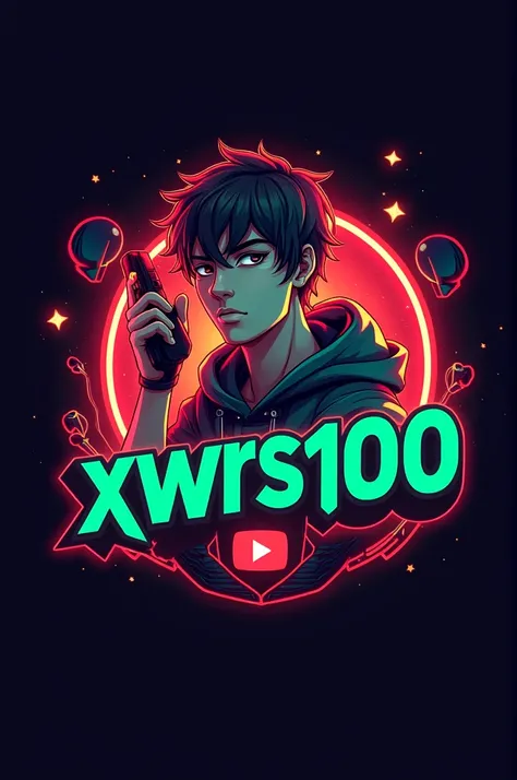 This is a gaming logo that features the name " Xwrs100 " in a futuristic font and a neon red and green color. and Boy Anime avtar, The logo also has a stylized controller icon and a YouTube play button in the background. The logo is designed to be attracti...