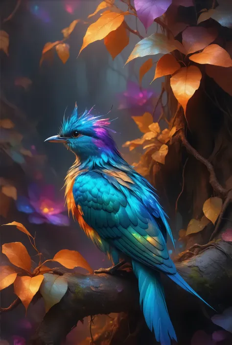 A vividly colorful bird with iridescent feathers, perched on a textured tree branch surrounded by vibrant and surreal foliage. The birds plumage includes shades of bright blue, purple, orange, and green, creating a dreamy and artistic atmosphere. The backg...