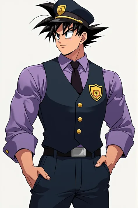 Goku in a security uniform consisting of a purple long-sleeved shirt, over it a black vest with a gold badge, with a black tie, black pants, and a black security guard cap. 