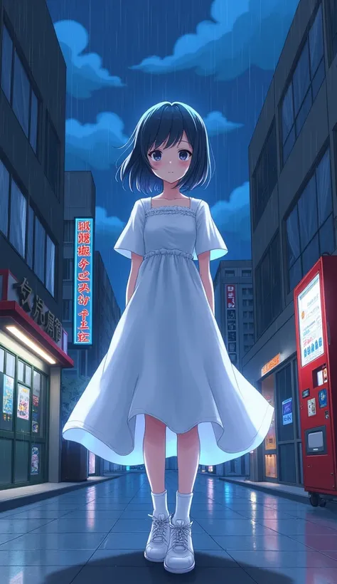 masterpiece,  top quality,  high definition ,  very detailed ,((( and wearing a blue aura))), ((( Japanese anime ))), ((( short hair))), ((( there are no highlights in the eyes ))), ((( White Dress ))), (((White socks))), ((( white sneakers))), (((Rain Clo...