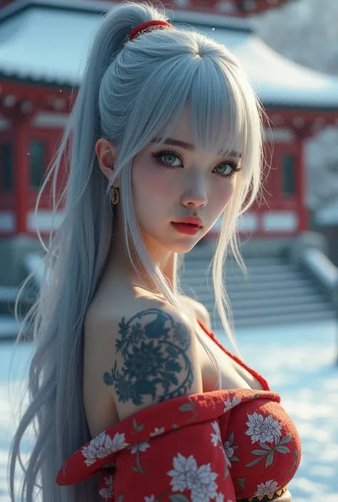 masterpiece, ultra detailed, 8k, photorealistic, 1 girl, beautiful detailed eyes, beautiful detailed lips, long thin eyelashes, droopy eyes, large iris:1.5, big iris:1.5, ((elegant pose, full body)), ((snowing japanese temple with person on background, A b...