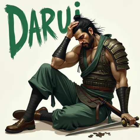 . 「Darui」
Prompt: The samurai sits lazily on the floor, one hand resting on his katana and the other scratching his head. His armor is slightly undone, exposing his absurdly muscular torso. "Darui" appears in slanted green letters, looking almost like its ...