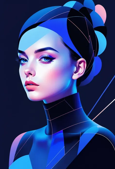 (((Vector，Platform style，Illustration，digital art illustration)))，1 Girl, Unique, pretty face, portrait, shoulder, black High neck，Geometric gradient，gradient lines，concept art，abstract，simplicity，minimalist lines，portrait，blue flower, over