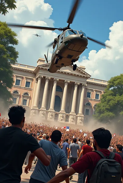 "A high-stakes moment where a government helicopter is seen taking off from a grand official residence in Dhaka. The foreground shows angry protesters breaking barricades and rushing toward the reside"
Convert in 2d 