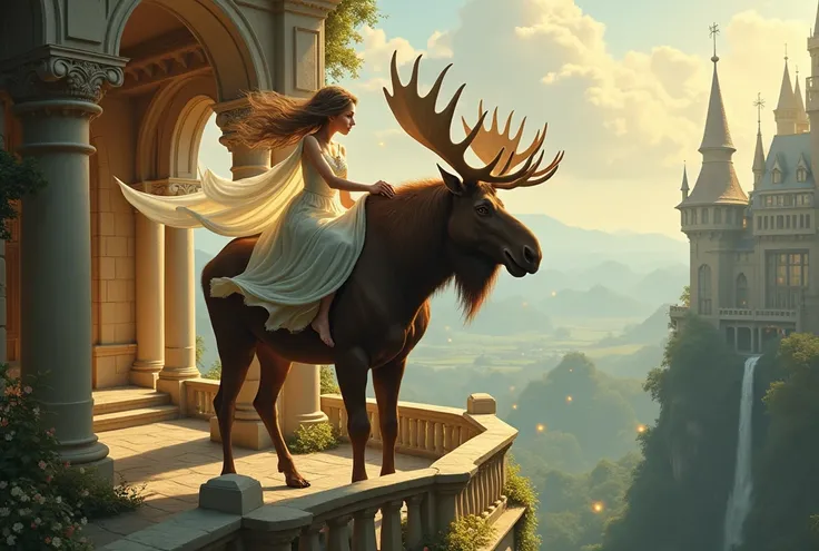 an elf riding a moose on a big balcony of a castle, fairy world, beautiful scene