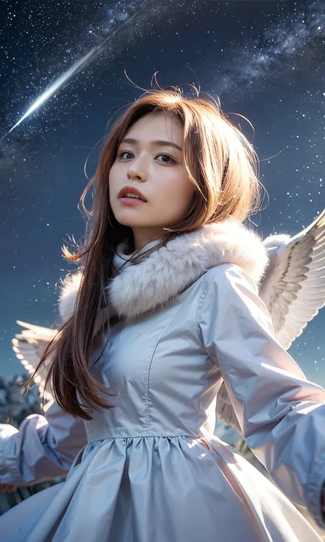 (    When she casts a spell ,  legendary ice pigeons appear around the sky 、 Magic Rim 、staring at something、Diamond dust flutters、クリーム色のhair、   Heavy snowfall area      、   Snow is falling   、    blue eyes、    blue eyes、white winter clothes    、  gazing u...