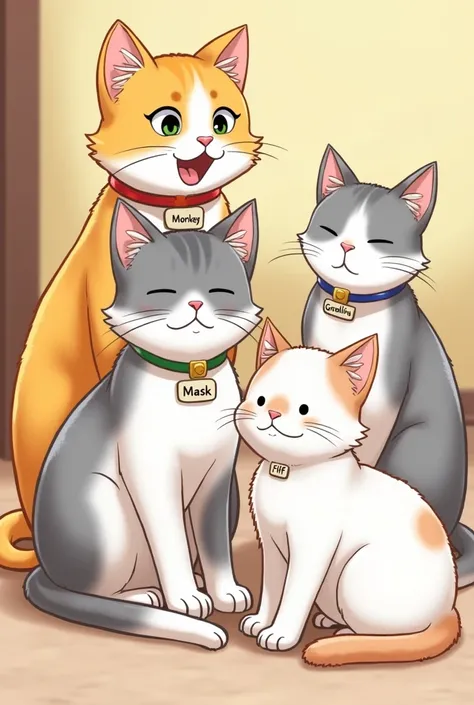 Draw four cats with the following characteristics 
The first yellow-and-white cat with a collar that bears his name called a monkey this cat is male 
The second gray and white cat with a collar called a mask this cat is male 
The third white cat with gray ...