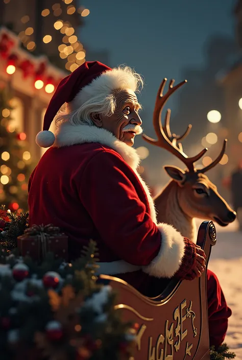 Albert Einstein wearing a Santa Claus outfit, riding a sleigh with reindeer from a side view, illuminated by warm cinematic lighting. The sleigh features a realistic Ligobet logo on its side. The entire scene, including the sleigh, logo, Einstein, and rein...