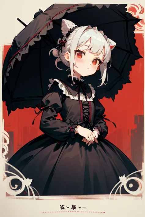   short white hair 、). ((   Gothic Lolita Dress)).((    very cute   :1.2)).((     Details)).Front、            Upward Glance 、((Red and black clothes)).(( has 2 knots on the hair bun  )).((cat&#39;mouth)).(No Penis Required ).