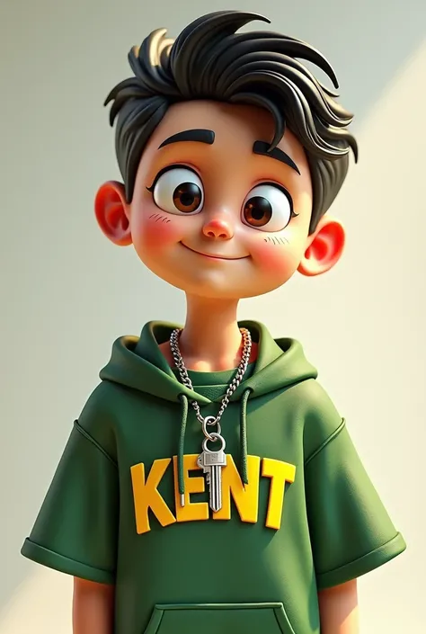 3D caricature of a gangster boy with one side hair style, key chain. High-quality realistic photo, and there is the name "KENT" in 3D letter style, embossed and realistic, in green yellow, indium white and black, 