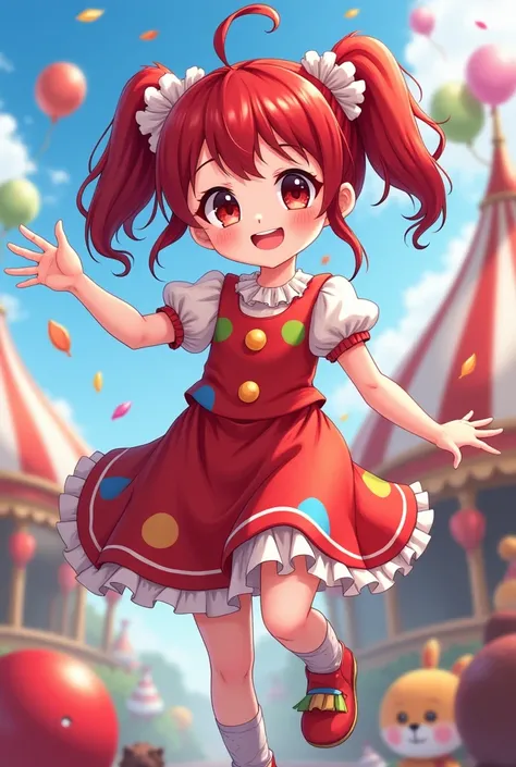 make a anime image of a clown girl and her hair is DARK RED HAIR 