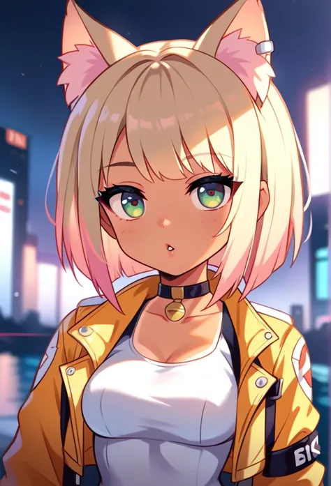 1girl,chibi, blond hair,  cat_ears, animal_ears, solo, dark_skin, tan_skin, foggy neon futuristic,  summer jacket, sakura falling, portrait style, looking_at_viewer, cinematic lighting,  eyeliner, makeup, emotional,  highly detailed, wide shot, sharp focus...