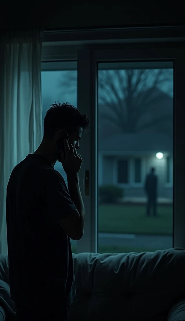 A dimly lit living room with the man holding his phone to his ear. His expression is a mix of confusion and concern. Through the window behind him, the dark yard is visible, faintly illuminated by an outdoor light. In the shadows of the yard, a faint, blur...