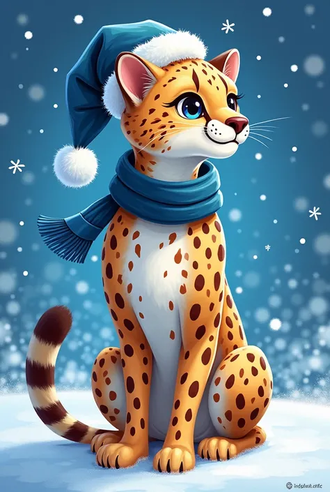 Written in Spanish the word "cheetah" with Christmas motifs in blue and silver