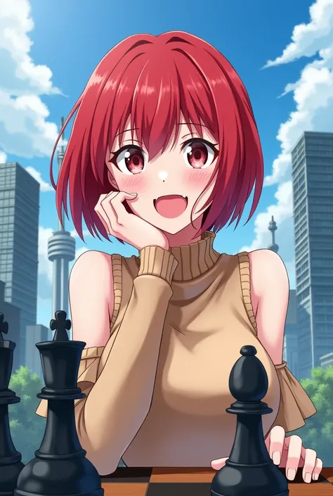 Anime girl, red bob hair, wearing a seleeveless sweater, outdoor, shock expression, looking at viewer, hand on chess, buildings, towers