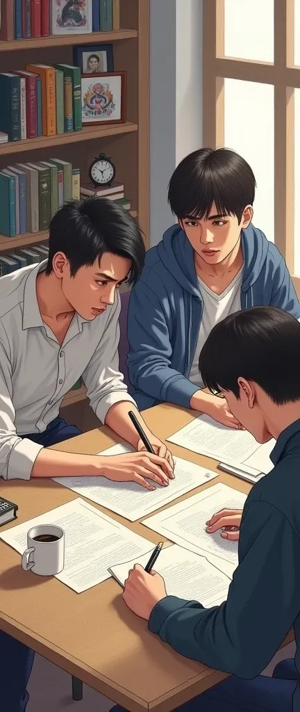 drawing of 4 students men studying at dormitories