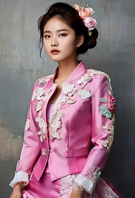  A Korean man is wearing a ladys skirt suit,  Beautiful Skirt Suit,  Hes a female man ,  He has big breasts like a woman ,  His face is very masculine ,  His hair is masculine short ,  pink and white, Frills and Lace , Lady Dress , Two-piece, Cropped Jacke...