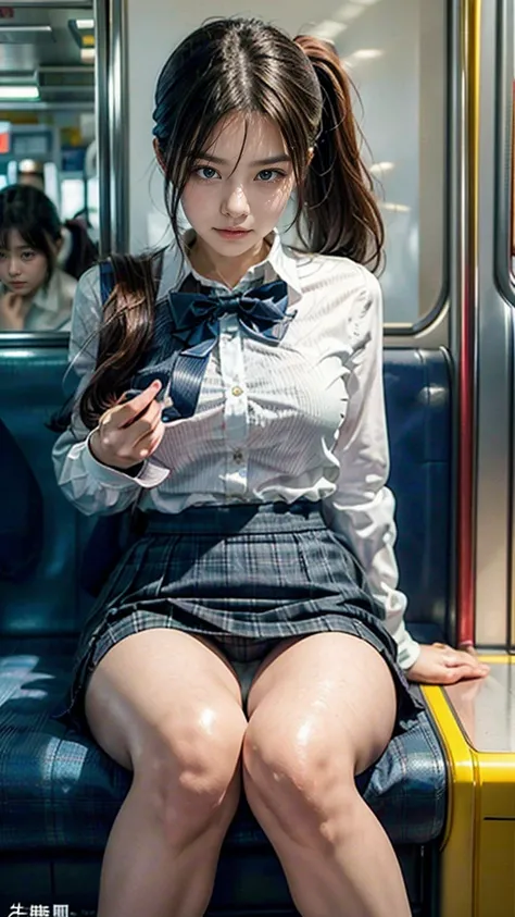  Cute Japanese woman, ((( photo realistic ))),  from, school uniform , ((naby Pleats skirt)) , Superflat, detail, (masterpiece,Highest quality,Ultra-high resolution), (((A very beautiful girl))), View Photographer, ponytail , Super cute face, Natural Makeu...