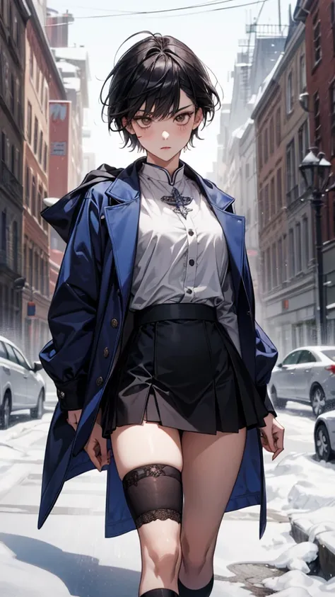    top quality, RPG Characters ,Warrior,  Priest  ,    looking at camera,          classy look ,   cold eyes,     Details,  black hair,  short hair, ,   1 girl ,  Solemn,     Red Eyeliner   ,   black skirt,bangs, Thighs,Bright blue coat clothes , Ill brush...