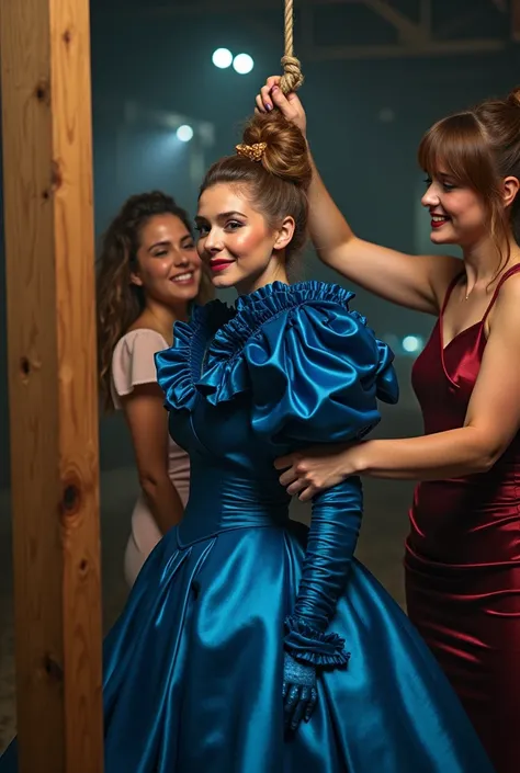 (realistic photograph close up sideways), (a pleased beautiful Caucasian woman with (messy hair bun), she is wearing (an elaborate shiny blue silk gown featuring (long gigantic pouf sleeves) and (an ultra high tight stand-up collar up to her cheeks with a ...