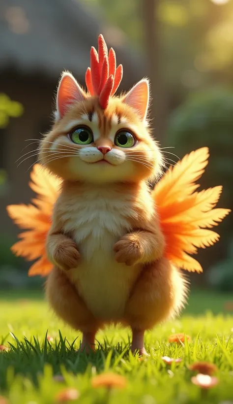 A whimsical and adorable hybrid of a cat and a hen standing in the same sunny backyard. The creature has the fluffy fur and playful face of a tabby cat, combined with the feathery wings and bright plumage of a hen. Its tail feathers fan out in a brilliant ...