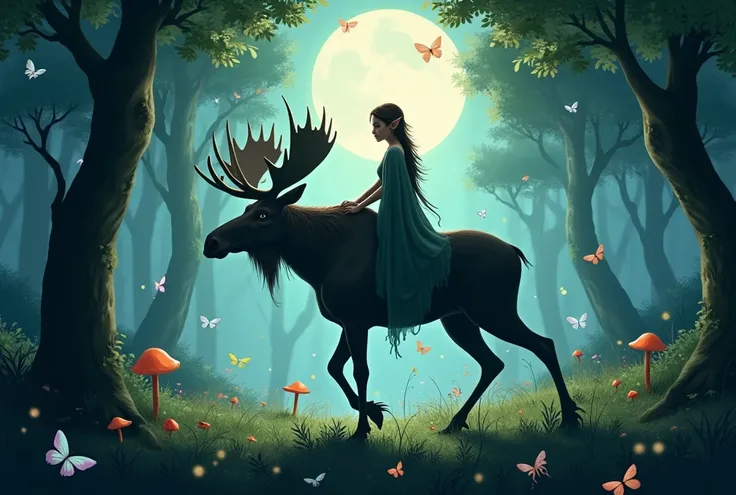 an elf riding a moose in the beautiful forest, fairytale world with butterflies around, at night