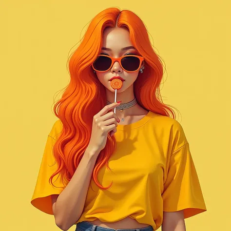 generate a beautiful girl shes wearing a hypebes t shirt outfit aesthetic the color of the outfit is the color of outfit is half yellow and half orange his hair is long and weavey and the color of the hair is half yellow and half orange radiant and shes we...